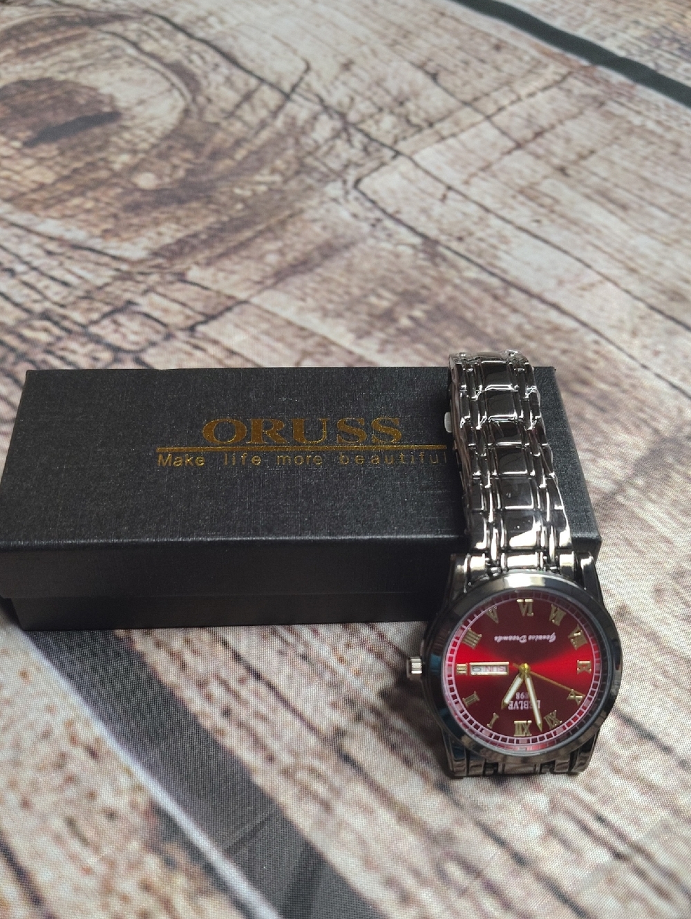 Russ Men's Silver Bracelet Watch with Red Dial